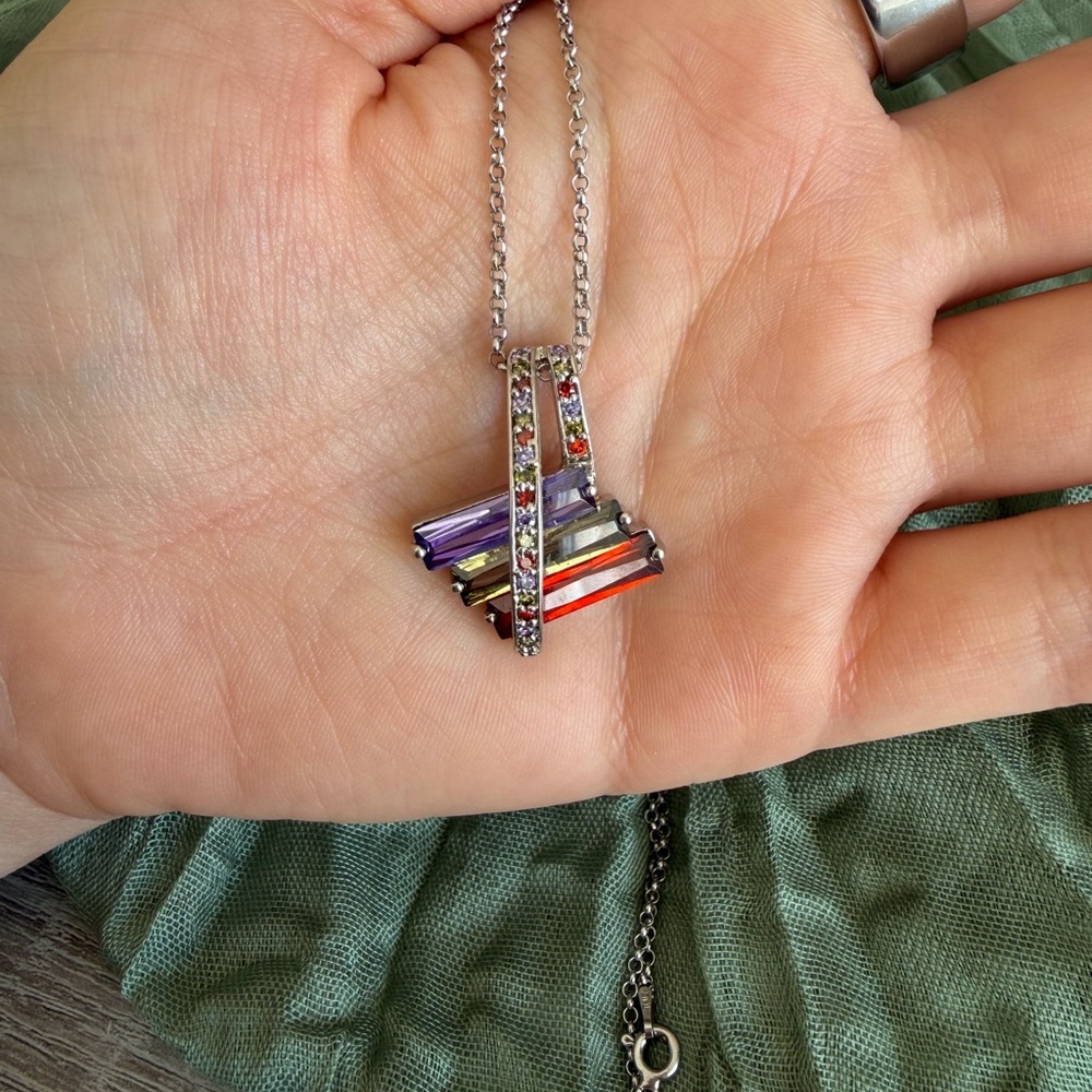 Silver Necklace. Multicolor Gemstone, SS 925